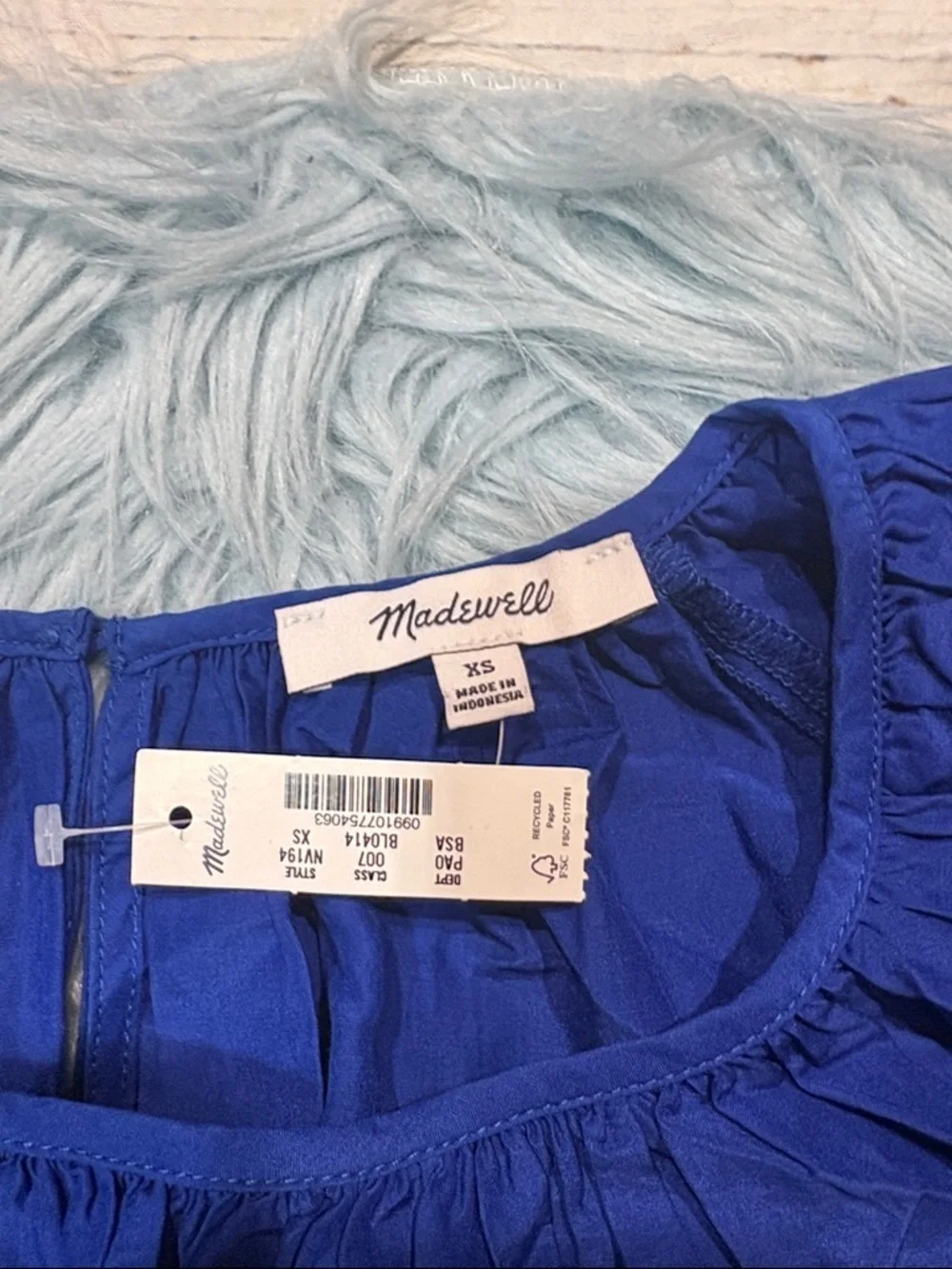 NWT Madewell Bright Blue Shirred Puff-Sleeve Cotton Silk Blend Top